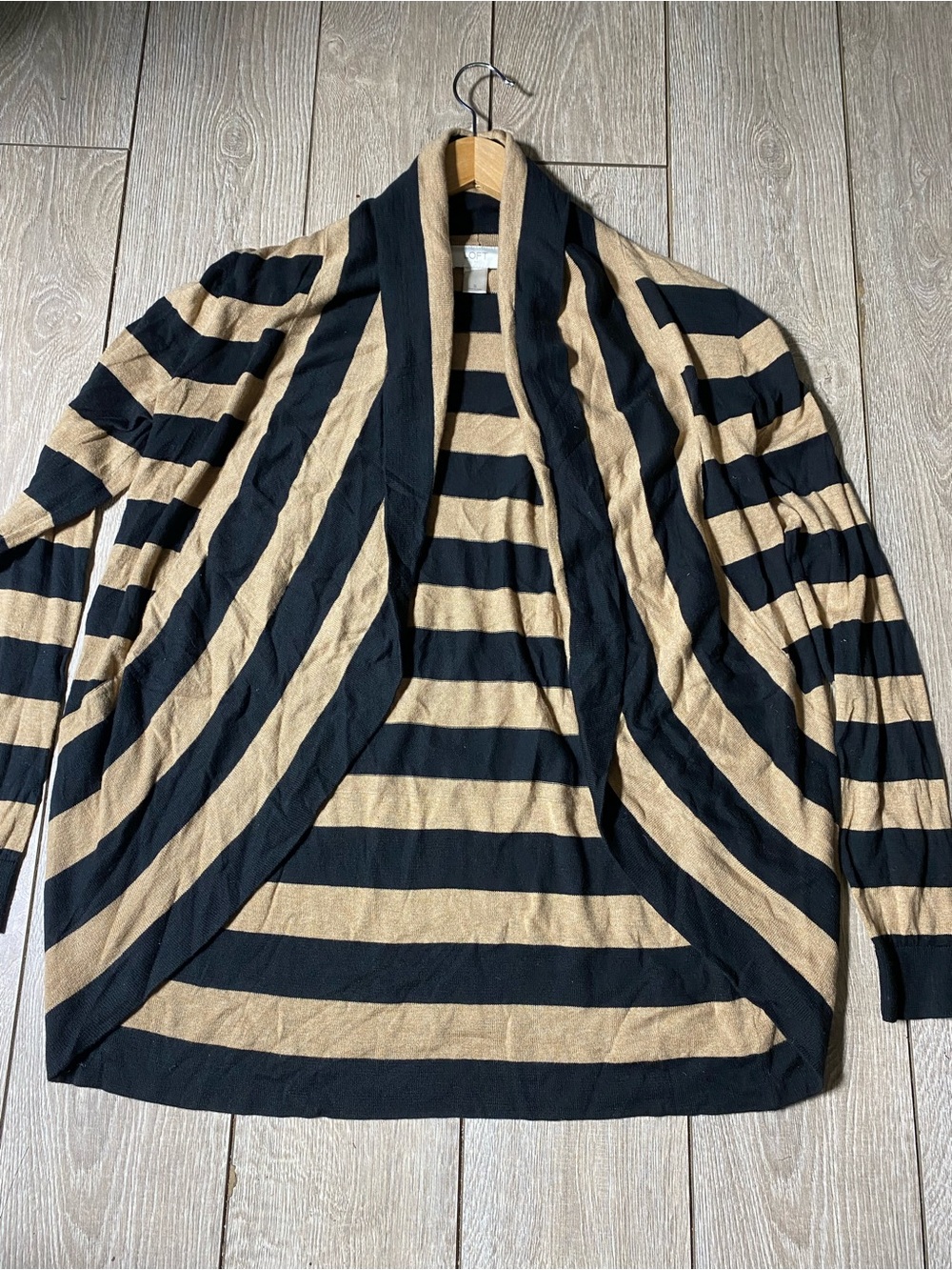 LOFT Ann Taylor Striped Open Front Cardigan Black Tan Shawl Collar Draped Small